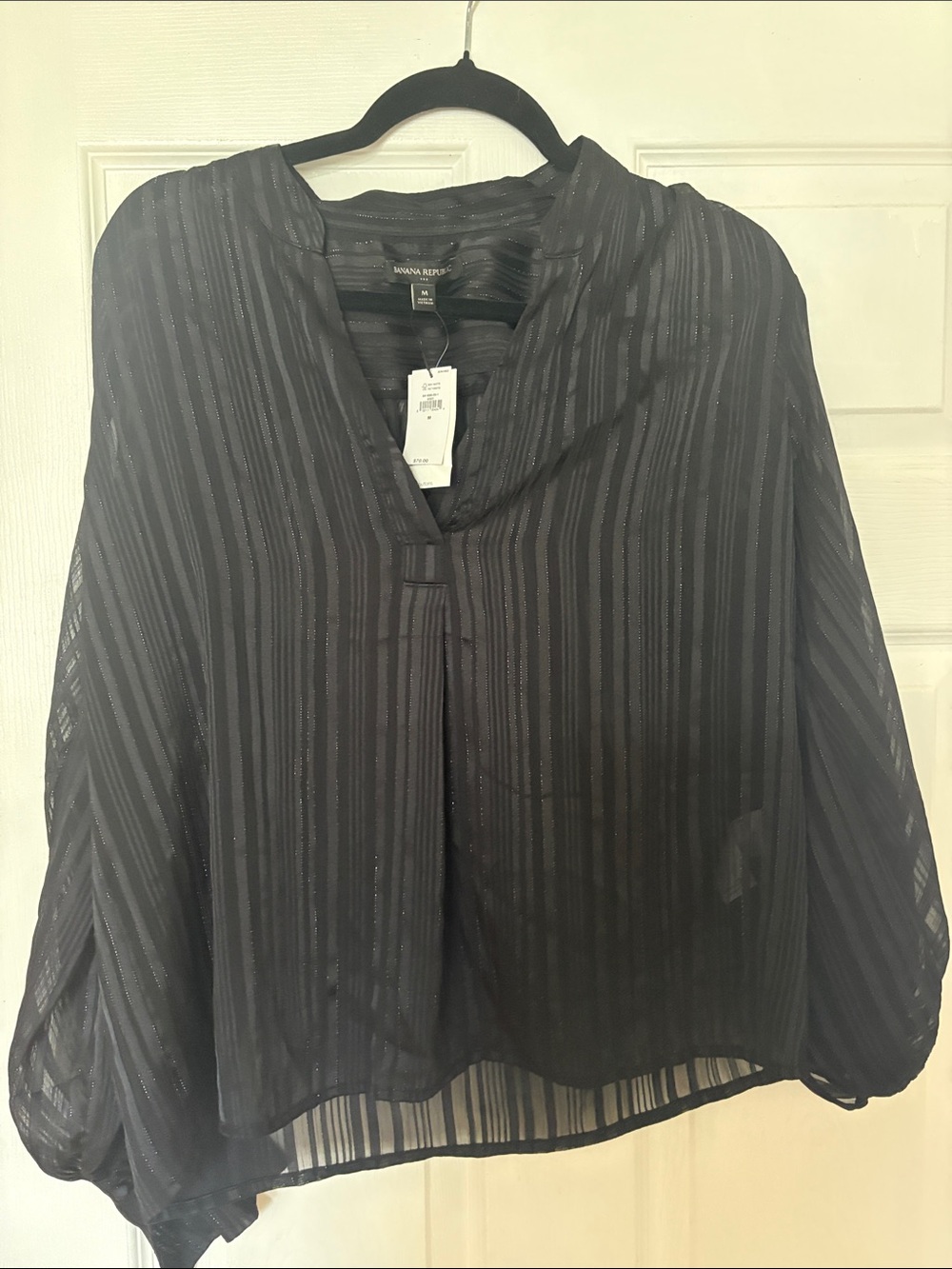 Banana Republic Black Sheer Striped V-Neck Blouse